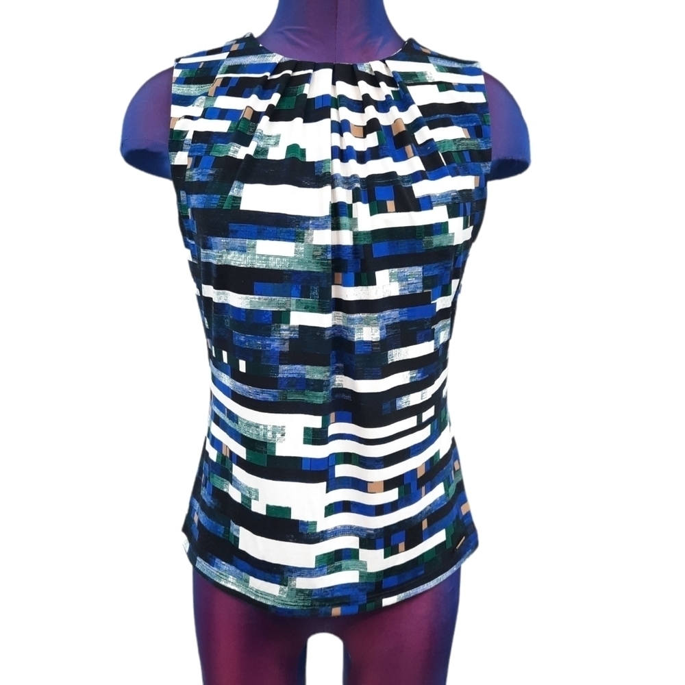 Calvin Klein Geometric Print Matte Jersey Pleat Crew Neck Sleeveless Top Size XS